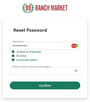 99 Ranch Market reset password confirmation